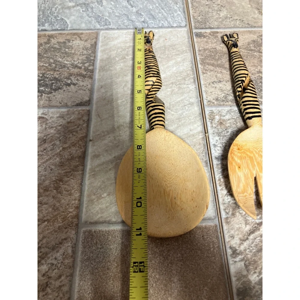 Hand Carved Wooden Zebra Salad Servers Spiral Handle Safari Decor 2pc Set 11.5in